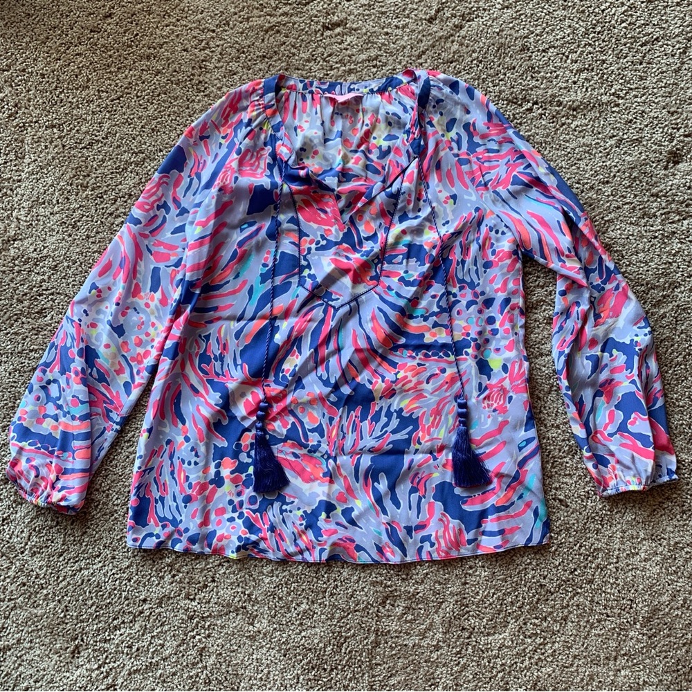 Lilly Pulitzer Saria 100% Silk Top Small Shrimply Chic Blue Pink Coral Reef